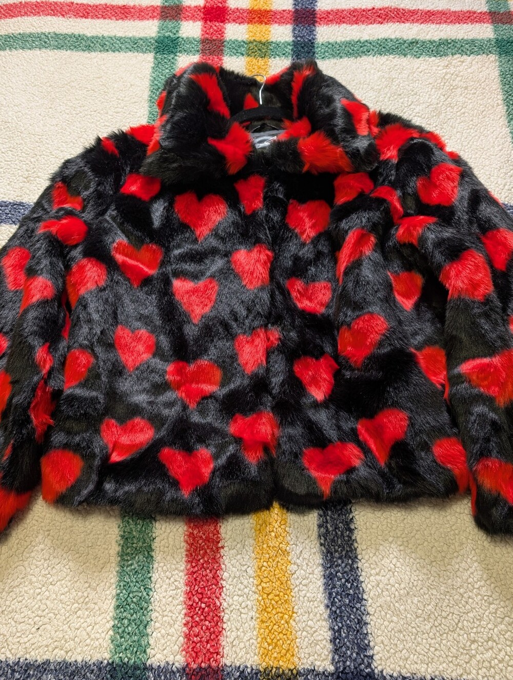 Gabby Isabella Black Faux Fur Jacket with Red Hearts